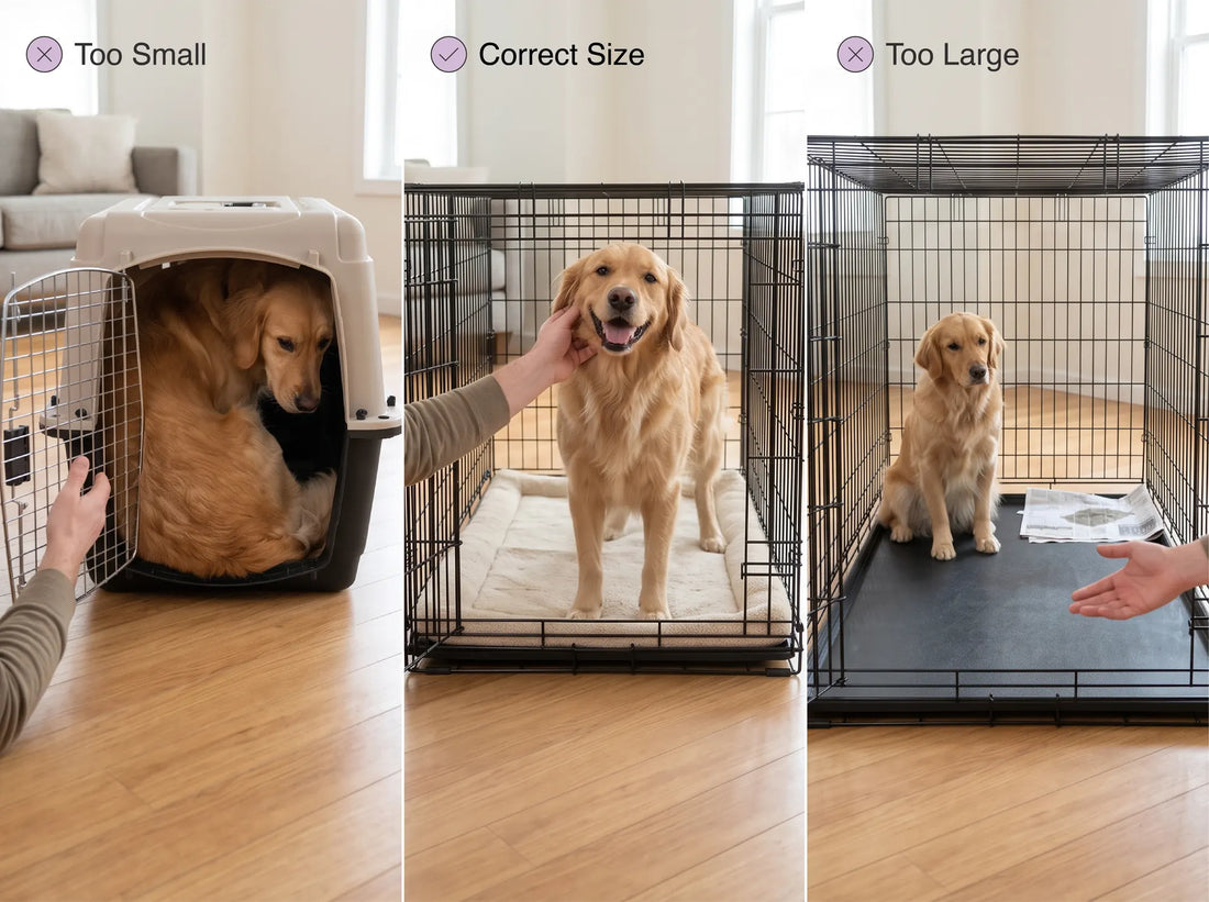 Golden retriever in three crates labeled too small, correct size, and too large