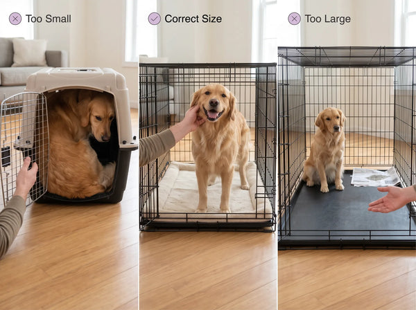 Golden retriever in three crates labeled too small, correct size, and too large
