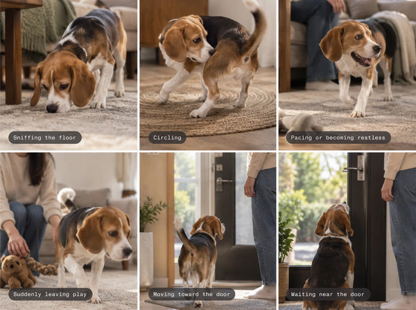 Beagle showing potty signals: sniffing the floor, circling, pacing, leaving play, and waiting at the door