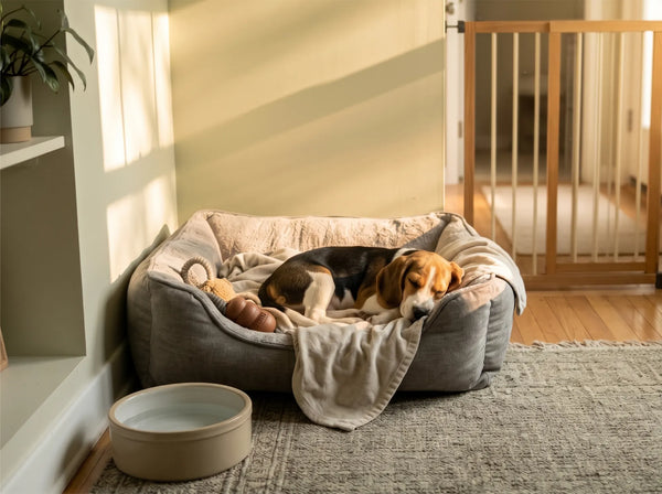 Beagle resting in a soft bed with a blanket, toys, water bowl, and a pet gate in a calm corner