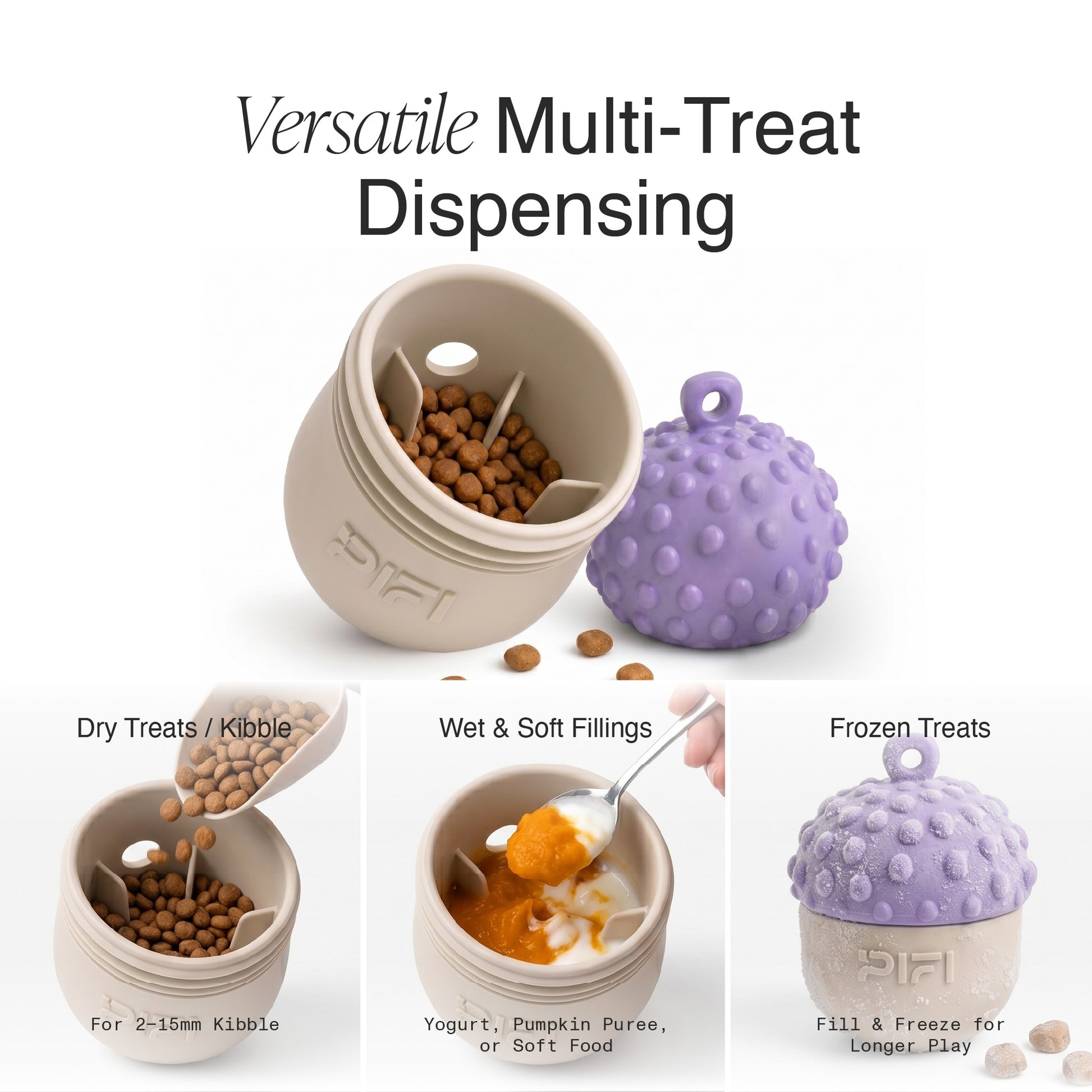 MyPiFi DentalFlex treat-dispensing dog chew toy shown with kibble, wet fillings, and frozen treats.