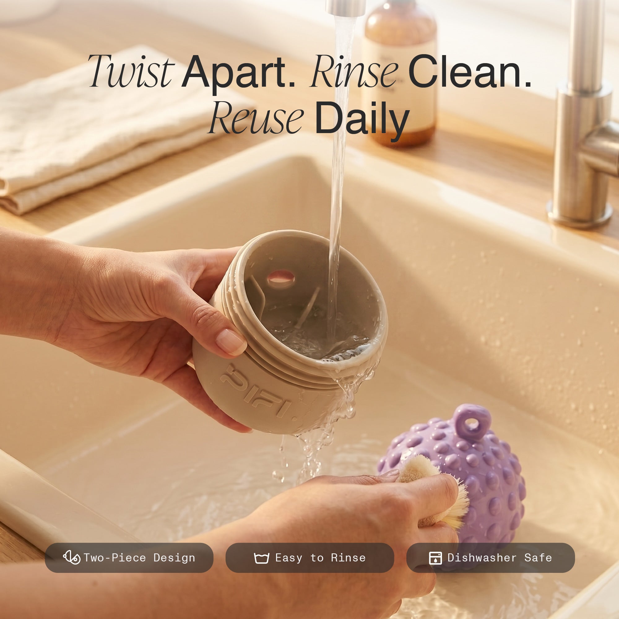 MyPiFi DentalFlex dog chew toy being rinsed after the two-piece design is twisted apart for easy cleaning