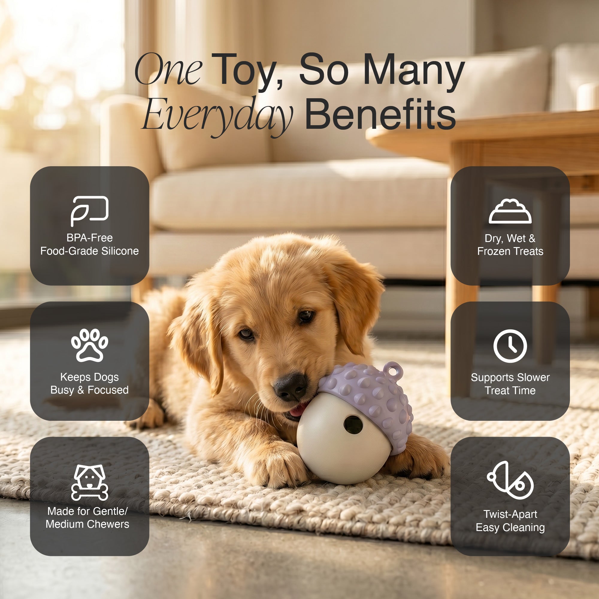 Golden retriever puppy chewing a MyPiFi DentalFlex treat-dispensing dog toy with callouts for safe silicone, slower treat time, engagement, and easy cleaning