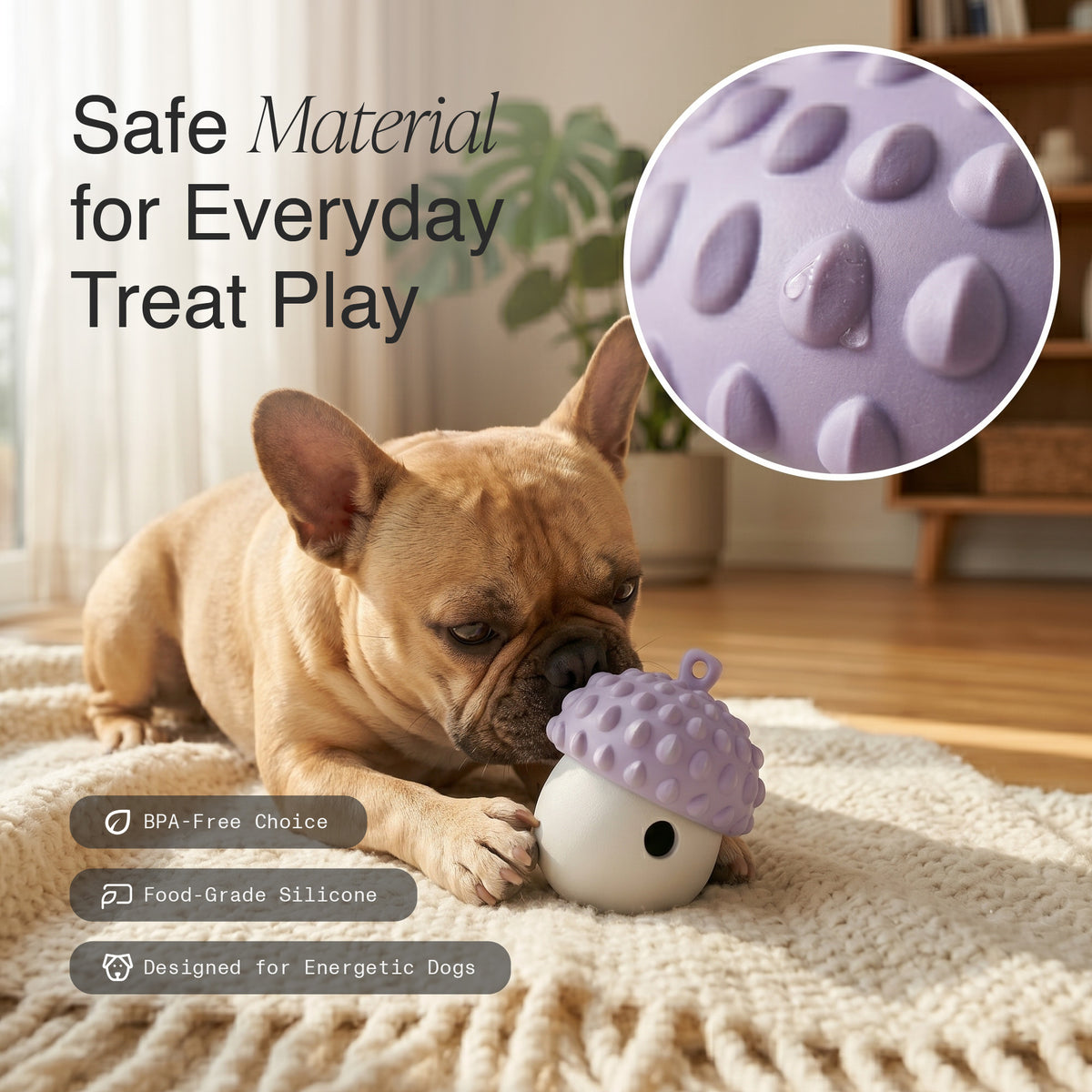 French bulldog chewing a purple and cream MyPiFi DentalFlex BPA-free silicone dog chew toy