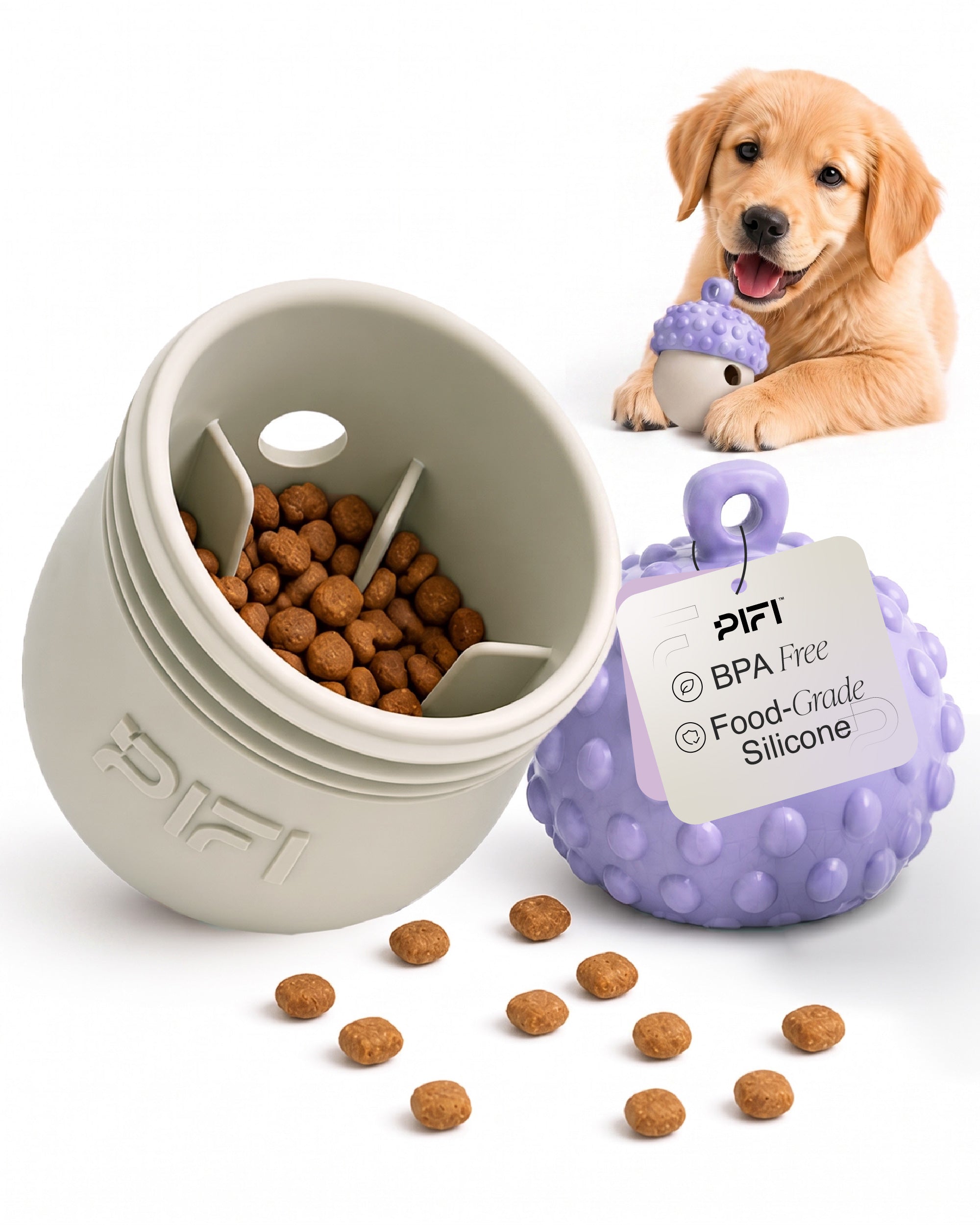 Golden retriever puppy with a purple and cream MyPiFi DentalFlex treat-dispensing dog chew toy filled with kibble.