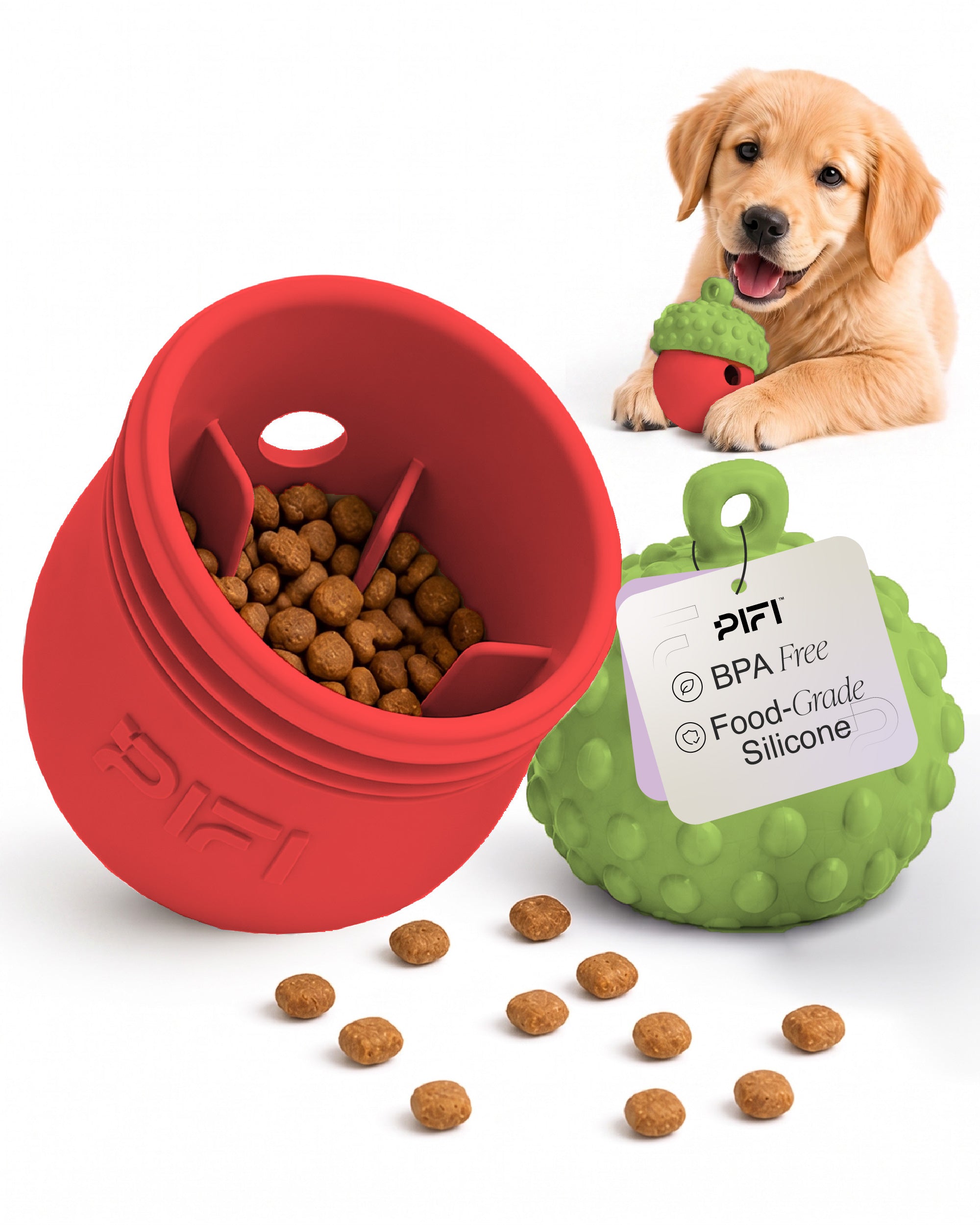 Golden retriever puppy with a red and green MyPiFi DentalFlex Christmas dog chew toy filled with kibble.