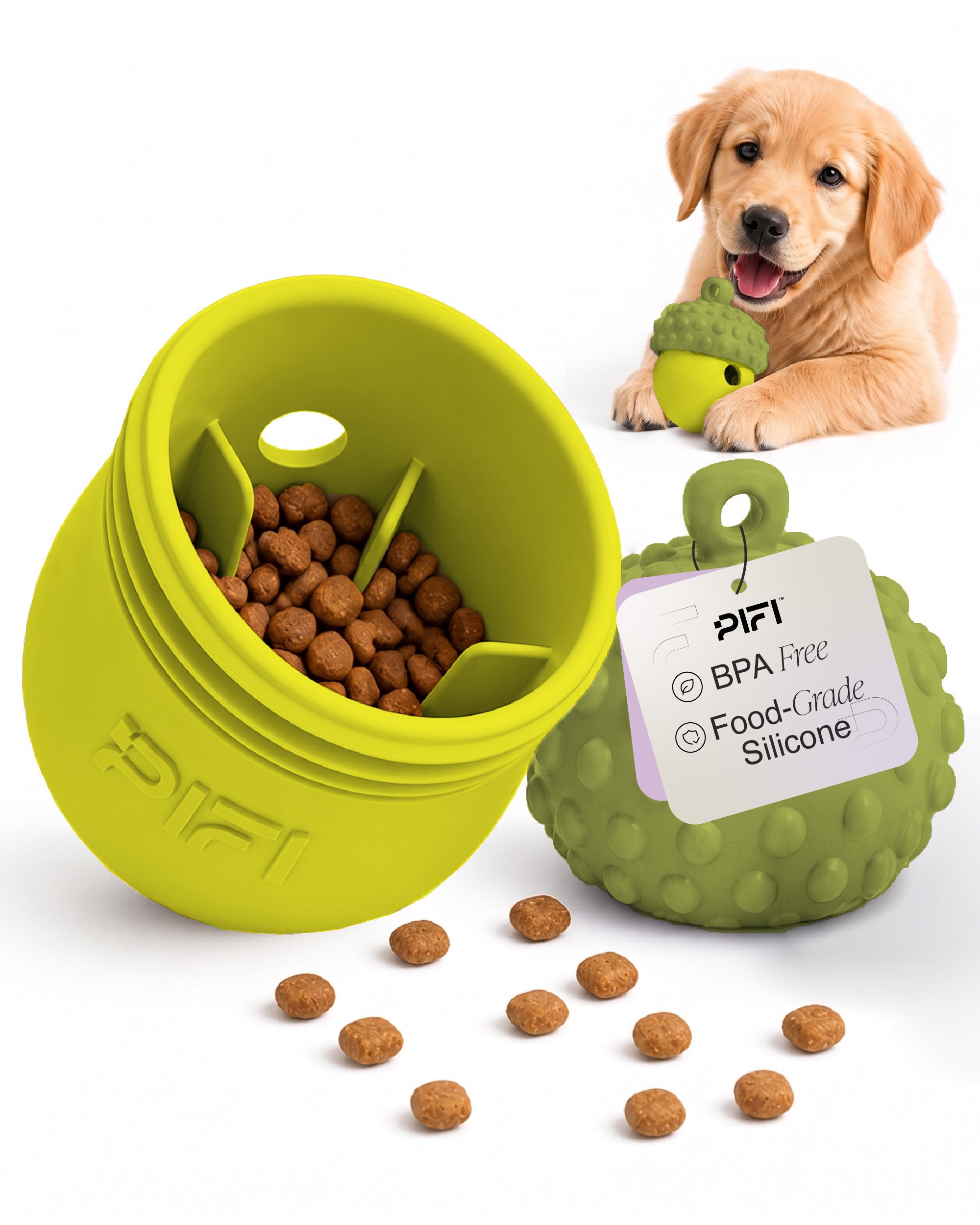 Golden retriever puppy with a green and yellow MyPiFi treat-dispensing dog chew toy filled with kibble.