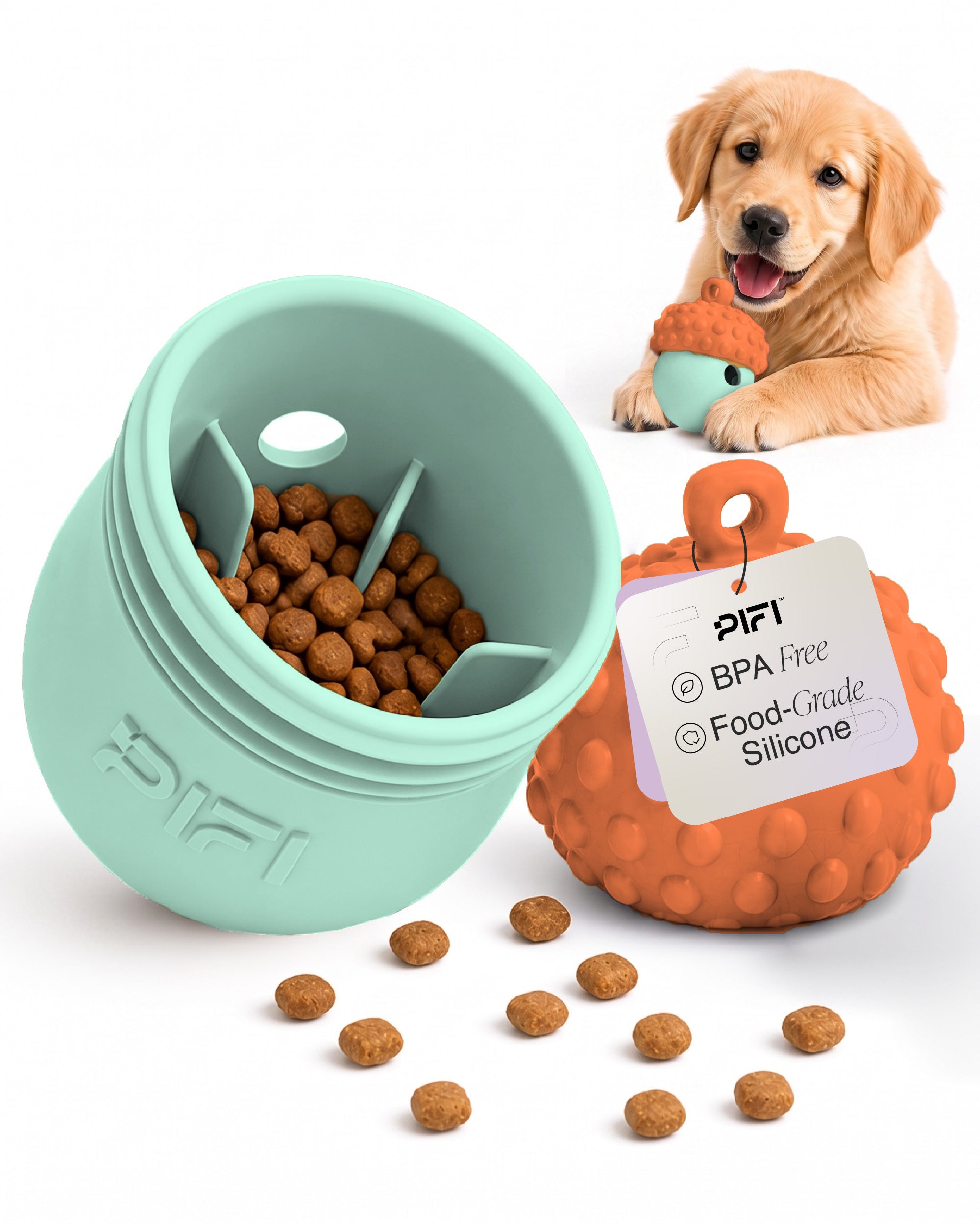 Golden retriever puppy with a mint and orange MyPiFi treat-dispensing dog chew toy filled with kibble