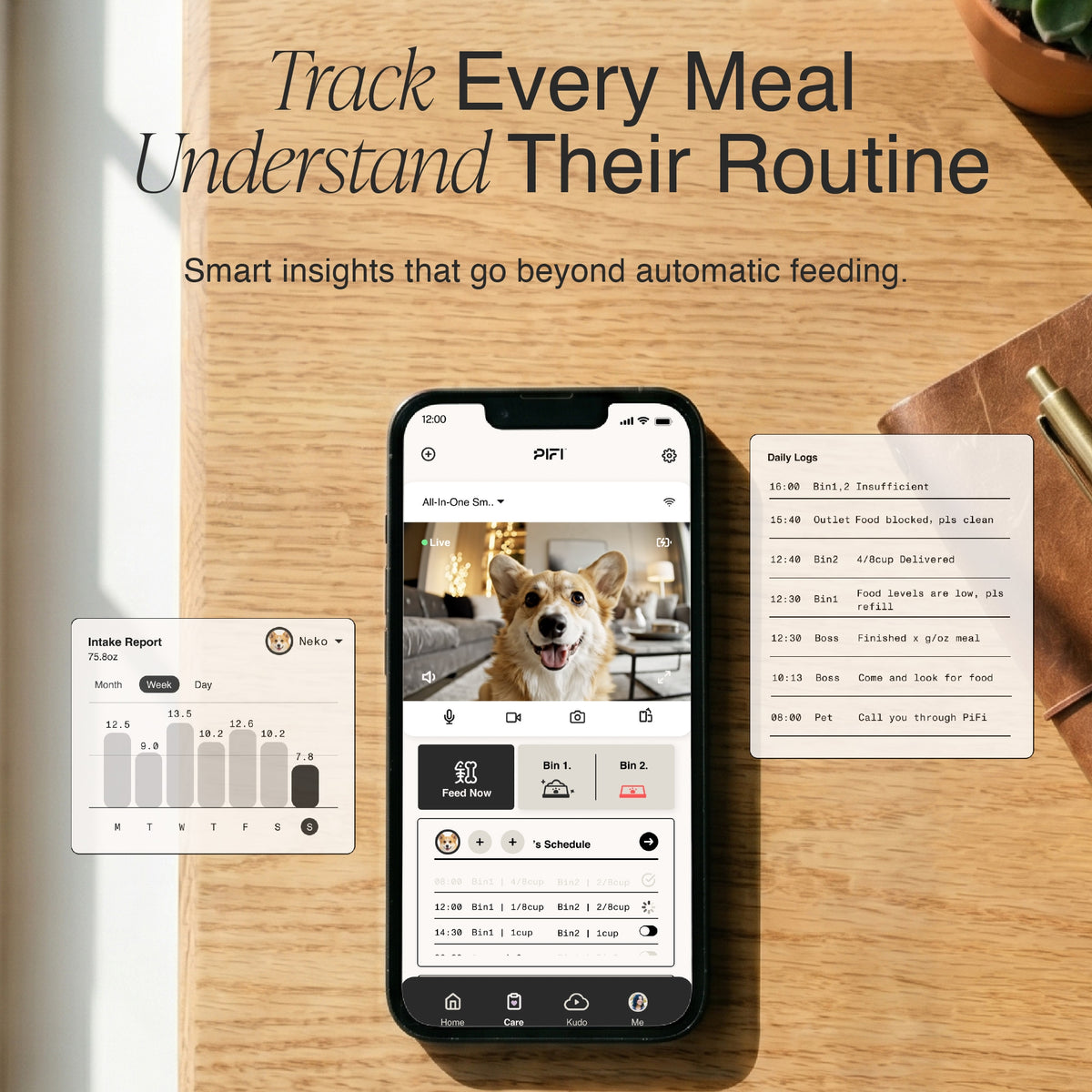 MyPiFi AI smart pet feeder app showing meal tracking, feeding history, intake reports, and daily logs to monitor a pet’s feeding routine