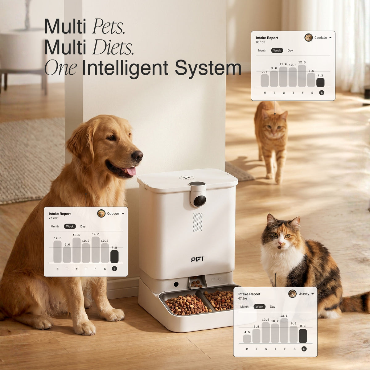 MyPiFi AI smart pet feeder with a dog and cats, showing individual intake reports for multi-pet feeding, separate diets, and meal monitoring
