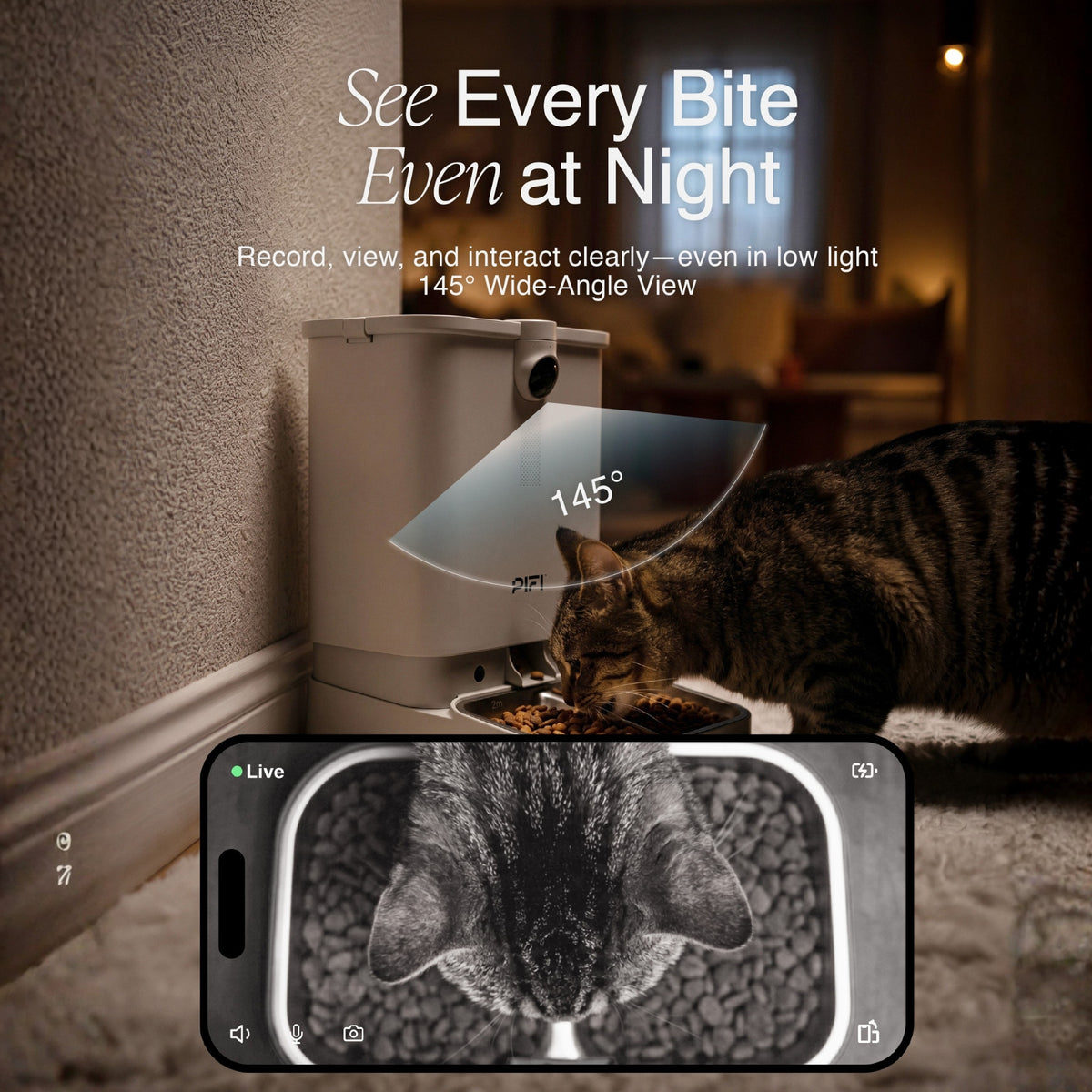 MyPiFi AI smart pet feeder monitoring a cat at night with a 145° wide-angle camera, low-light recording, and live mobile app viewing