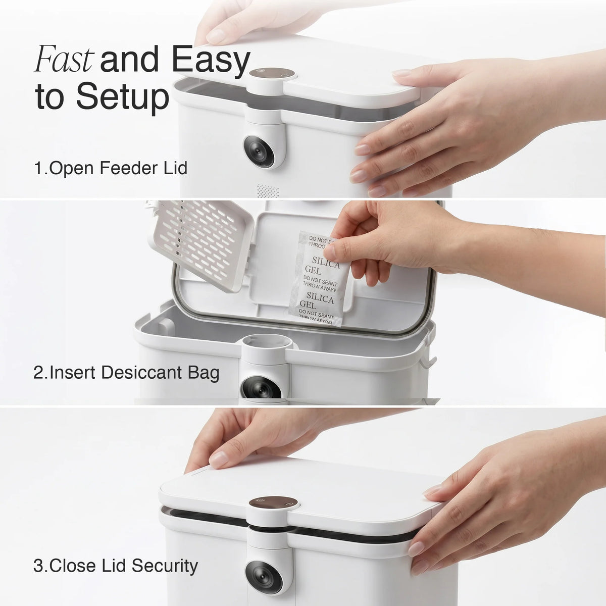 MyPiFi automatic pet feeder desiccant bag setup guide showing how to open the feeder lid, insert the desiccant bag, and close the lid securely