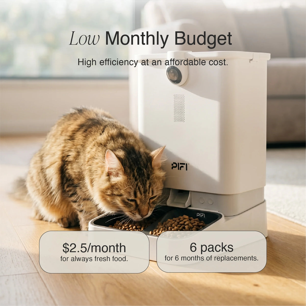 Cat eating from a MyPiFi automatic pet feeder with desiccant bag replacement cost of $2.50 per month for six months