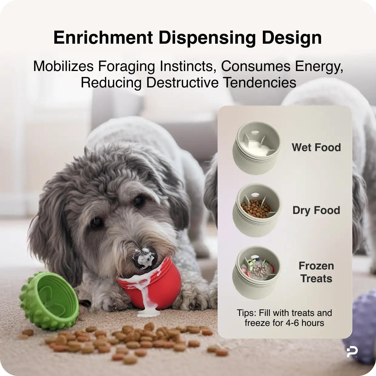Dog licking wet food from the red and green Christmas-themed MyPiFi DentalFlex enrichment toy, with dry food and frozen treat options shown.