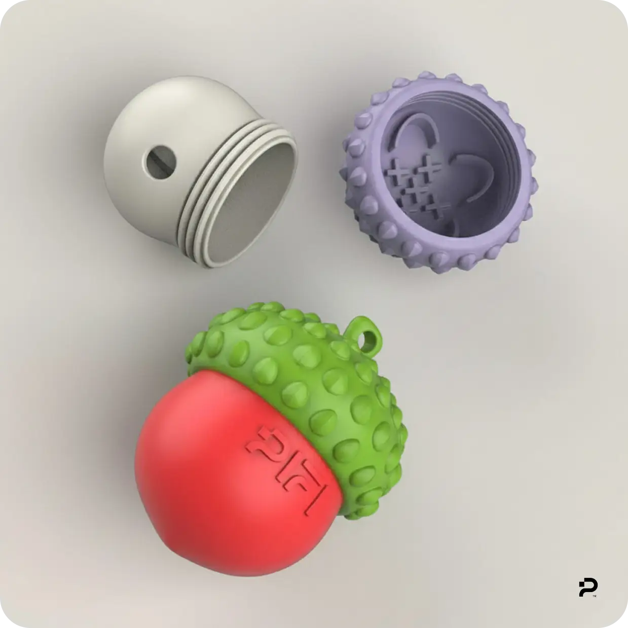 MyPiFi DentalFlex Christmas-themed red and green treat-dispensing dog toy shown disassembled with all three components displayed.