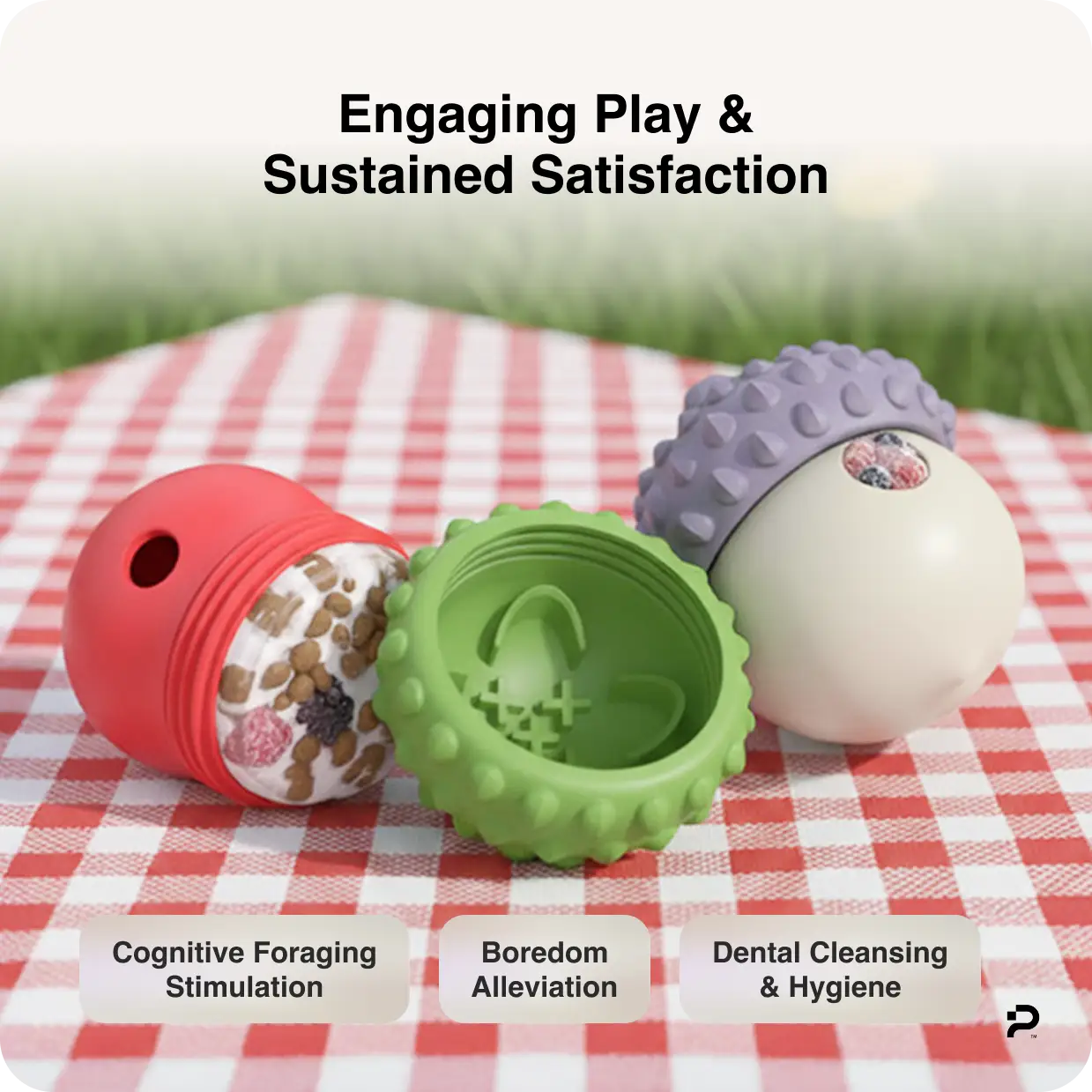 MyPiFi DentalFlex red and green Christmas-themed treat-dispensing dog toys filled with kibble, displayed on a picnic blanket for outdoor play.