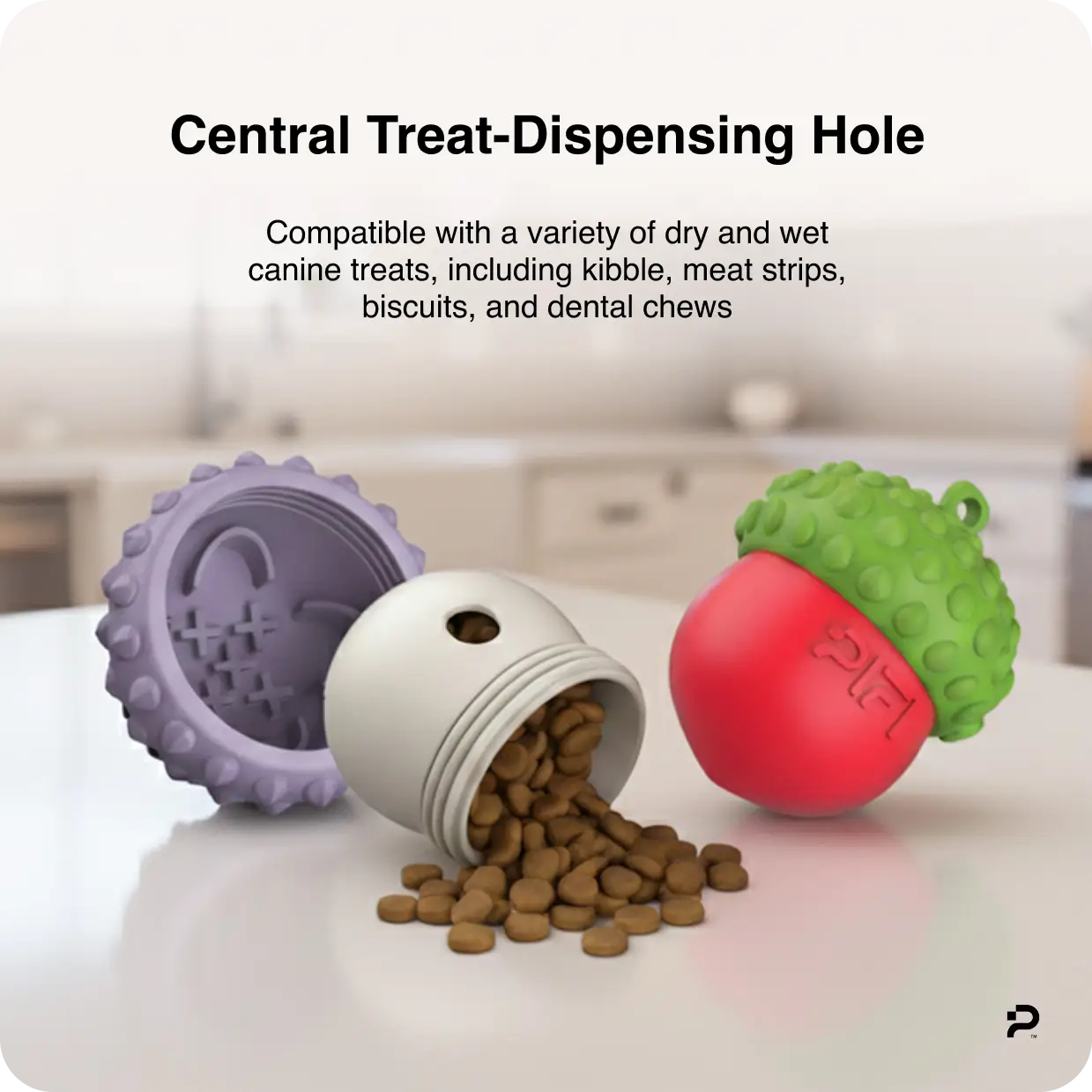 MyPiFi DentalFlex Christmas-themed red and green treat-dispensing dog toy with kibble pouring out, shown alongside the purple variant on a kitchen counter.