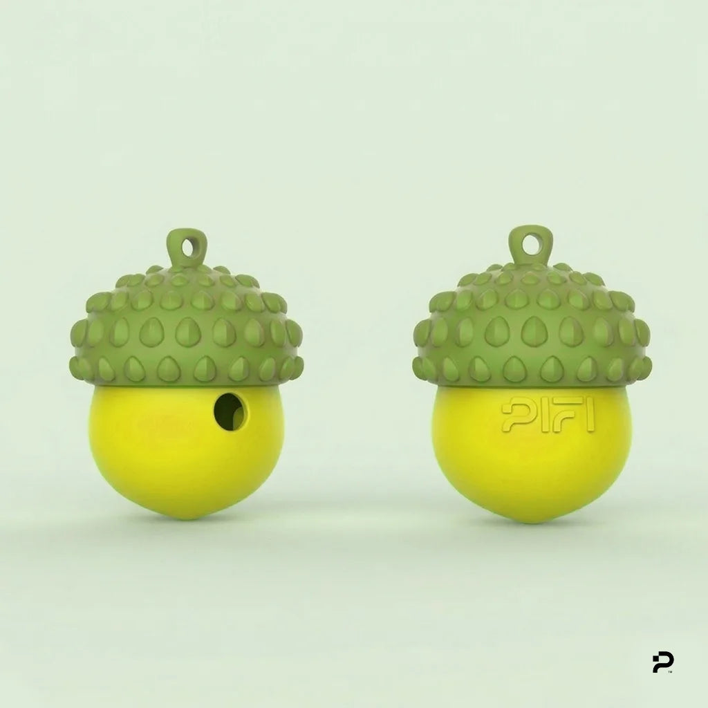 MyPiFi DentalFlex dog treat-dispensing toy in the green and yellow variant, shown from front and side views.