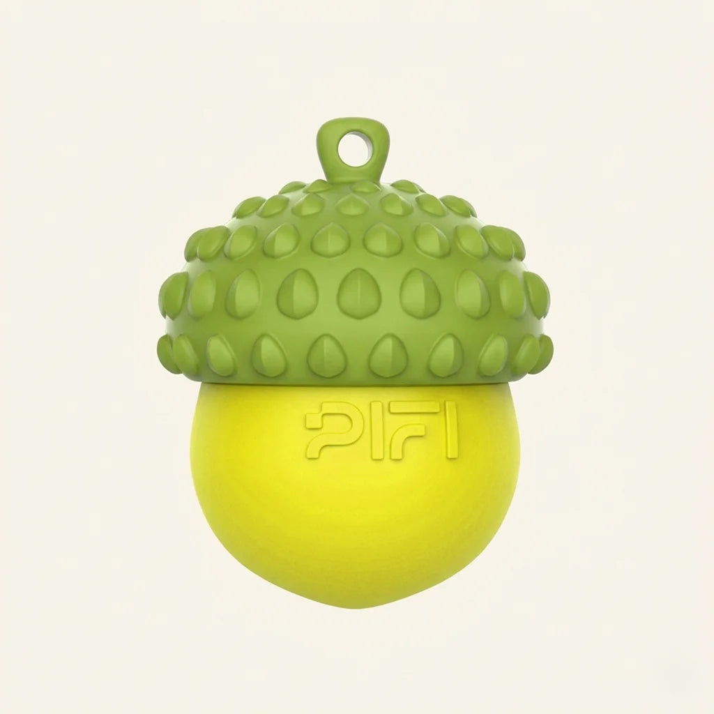 MyPiFi DentalFlex dog treat-dispensing toy in the green and yellow colour variant, shown from a front view.