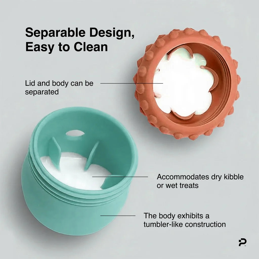 MyPiFi DentalFlex treat-dispensing dog toy shown in two separated pieces, highlighting the easy-to-clean design and internal compartments for kibble or wet treats.