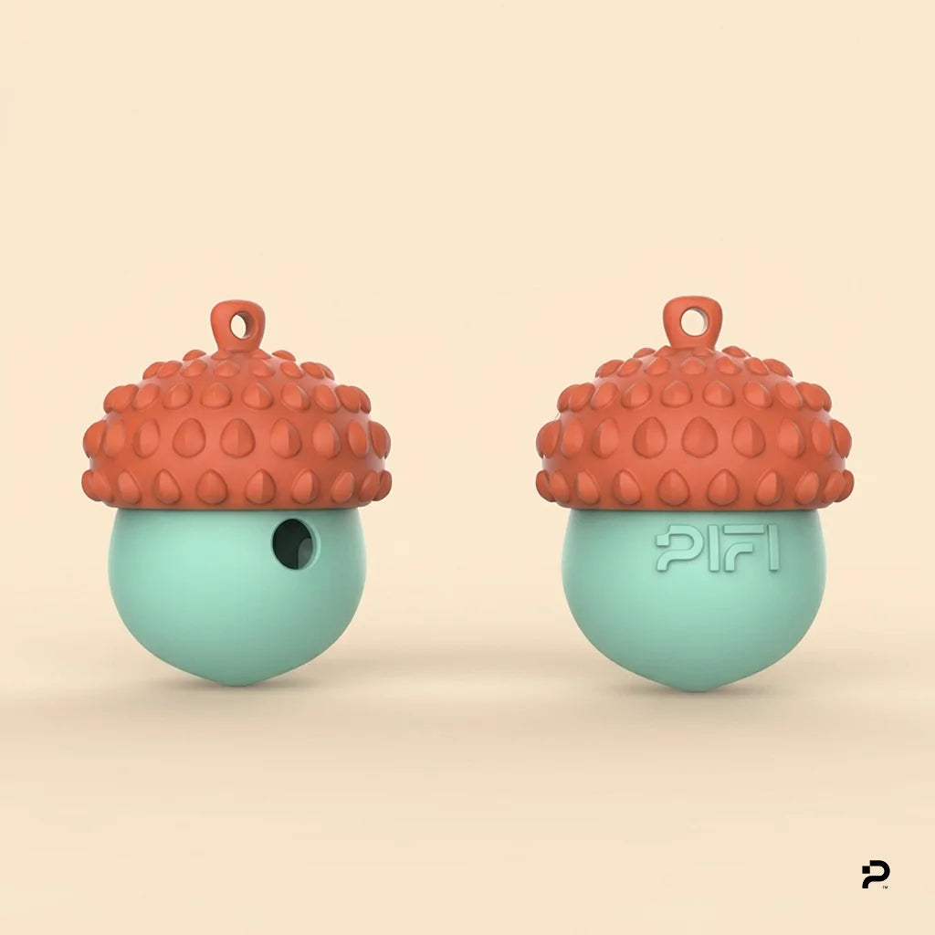 MyPiFi DentalFlex dog treat toy in the orange and turquoise colour variant, shown from a front and side angle.