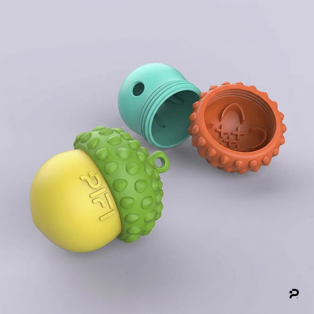 MyPiFi DentalFlex chew toy with a two-piece treat-dispensing design in orange, turquoise, green and yellow