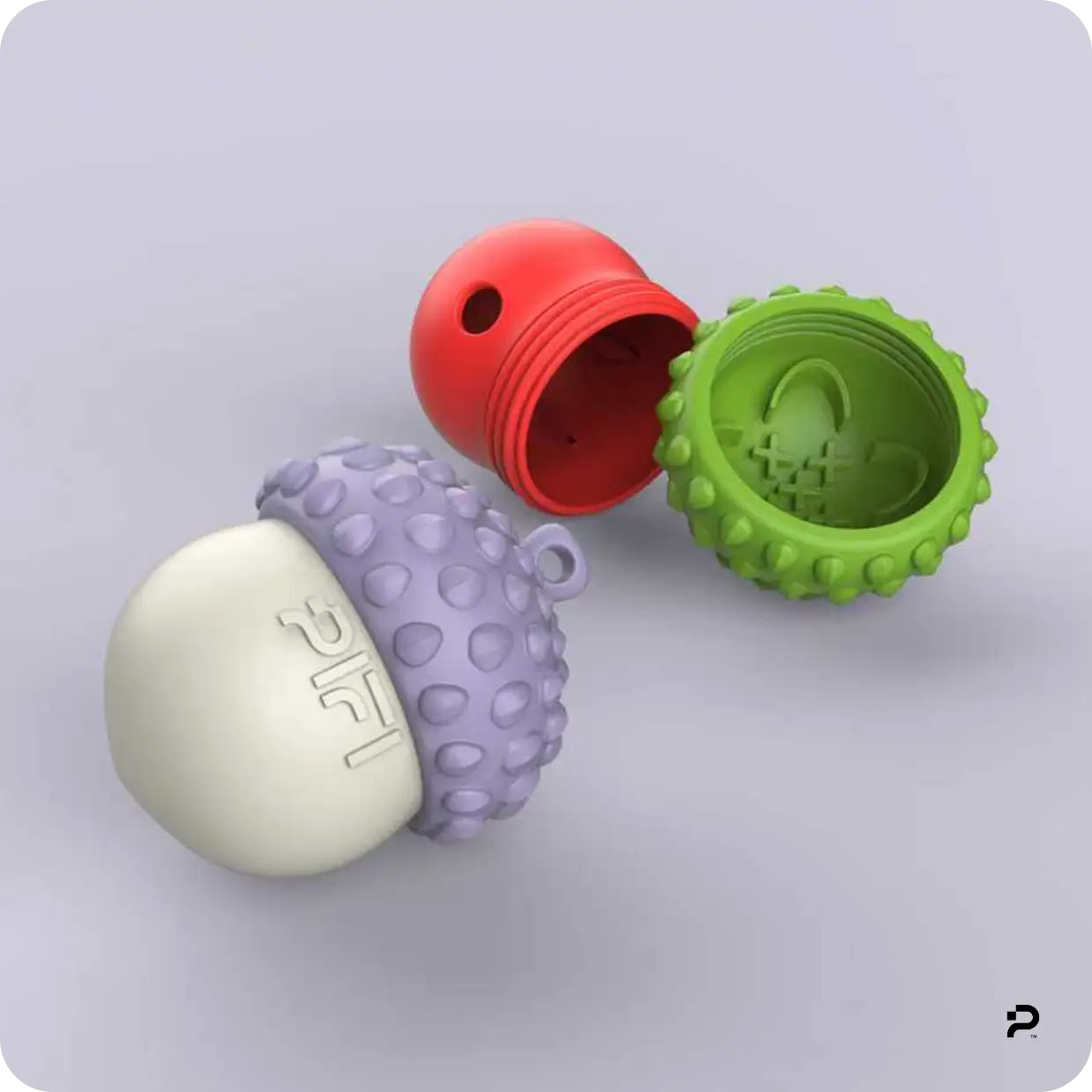 MyPiFi DentalFlex chew toy with a two-piece treat-dispensing design in red, green, and purple.