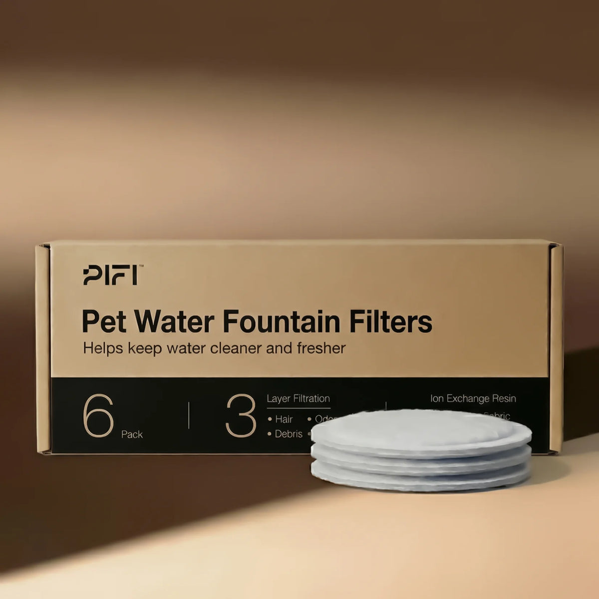 MyPiFi pet water fountain replacement filters in a 6-pack with three-layer filtration to help keep drinking water cleaner and fresher.