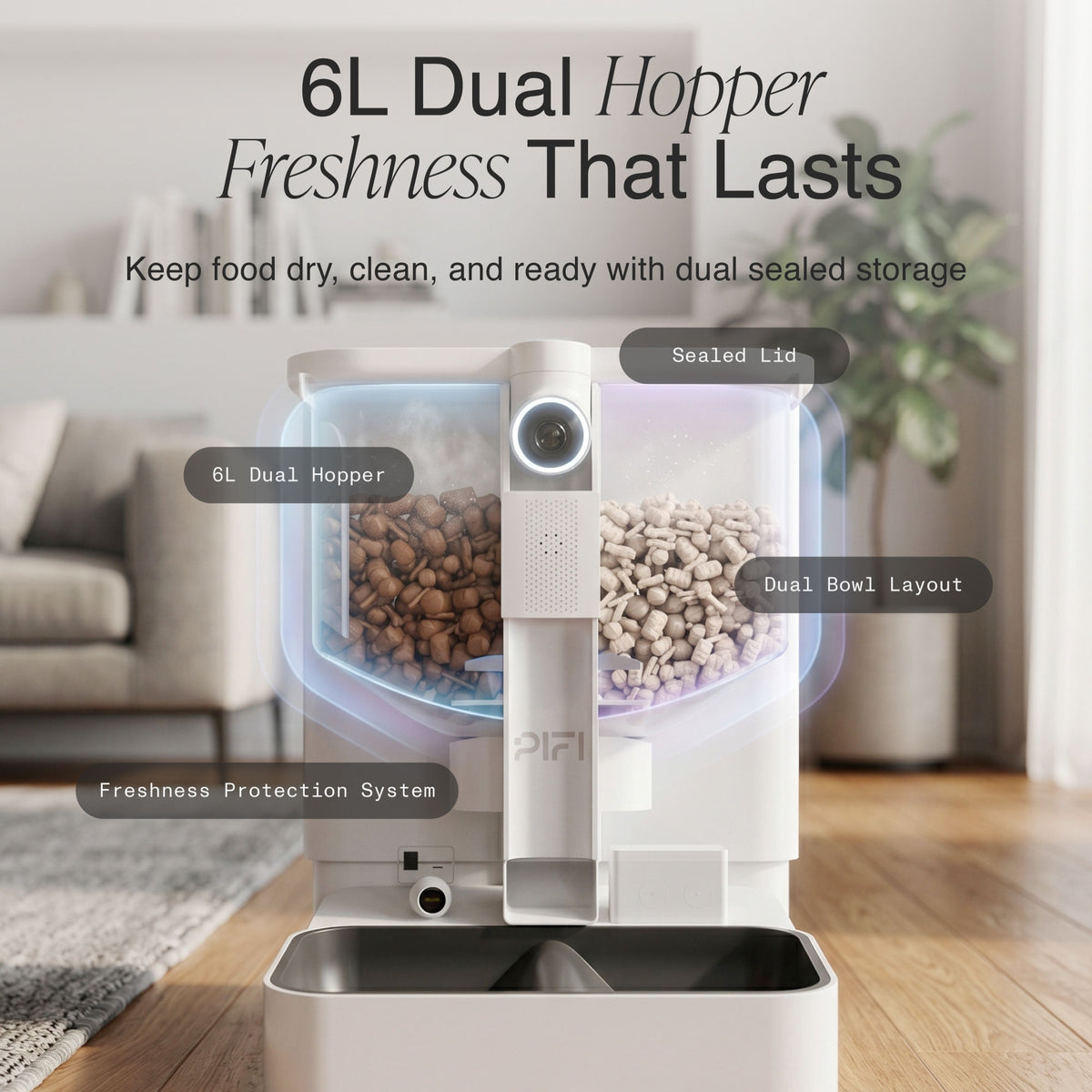 MyPiFi smart pet feeder with a 6 L dual hopper, sealed lid, dual food bowls, and freshness protection system for storing separate dry foods.