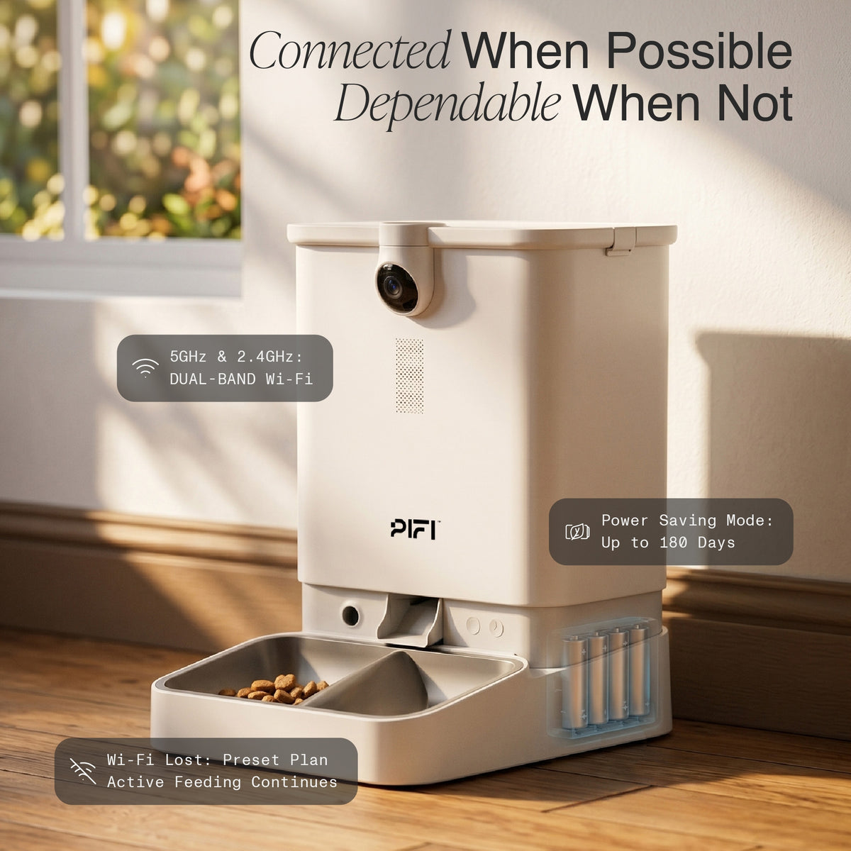 MyPiFi smart pet feeder with dual-band 5 GHz and 2.4 GHz Wi-Fi, offline feeding support, and power-saving mode for reliable scheduled meals