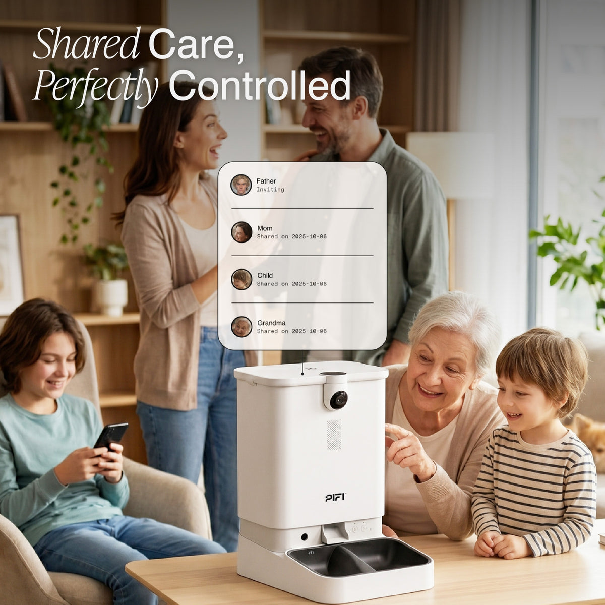 MyPiFi smart pet feeder with family account sharing, allowing multiple household members to access and manage the same feeder through shared user profiles