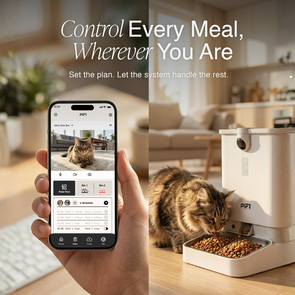 MyPiFi smart pet feeder with a cat eating while the mobile app displays live camera viewing, feeding controls, and scheduled meal management