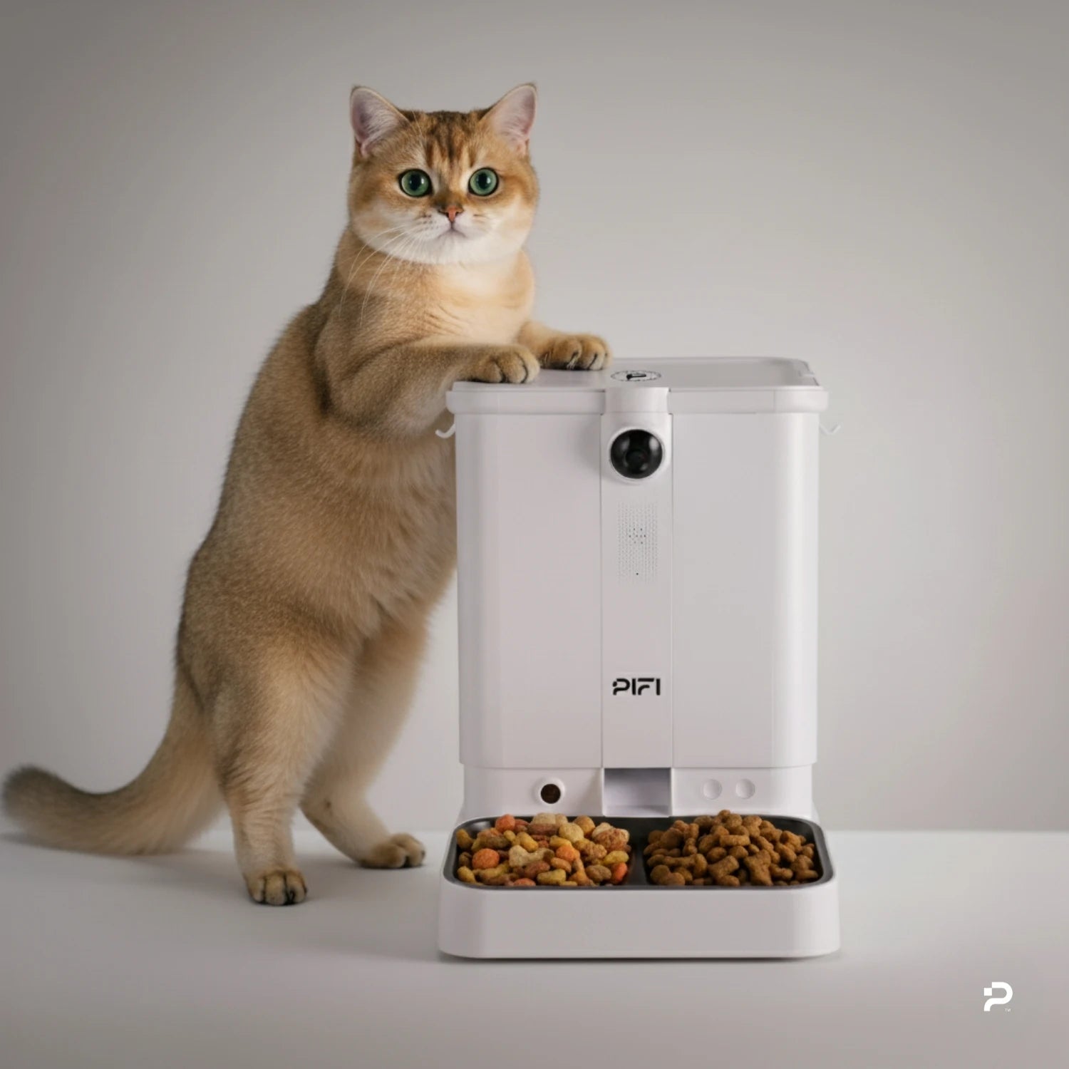A tan and white cat stands with one paw on a white smart pet feeder filled with dry cat food, against a plain light background.