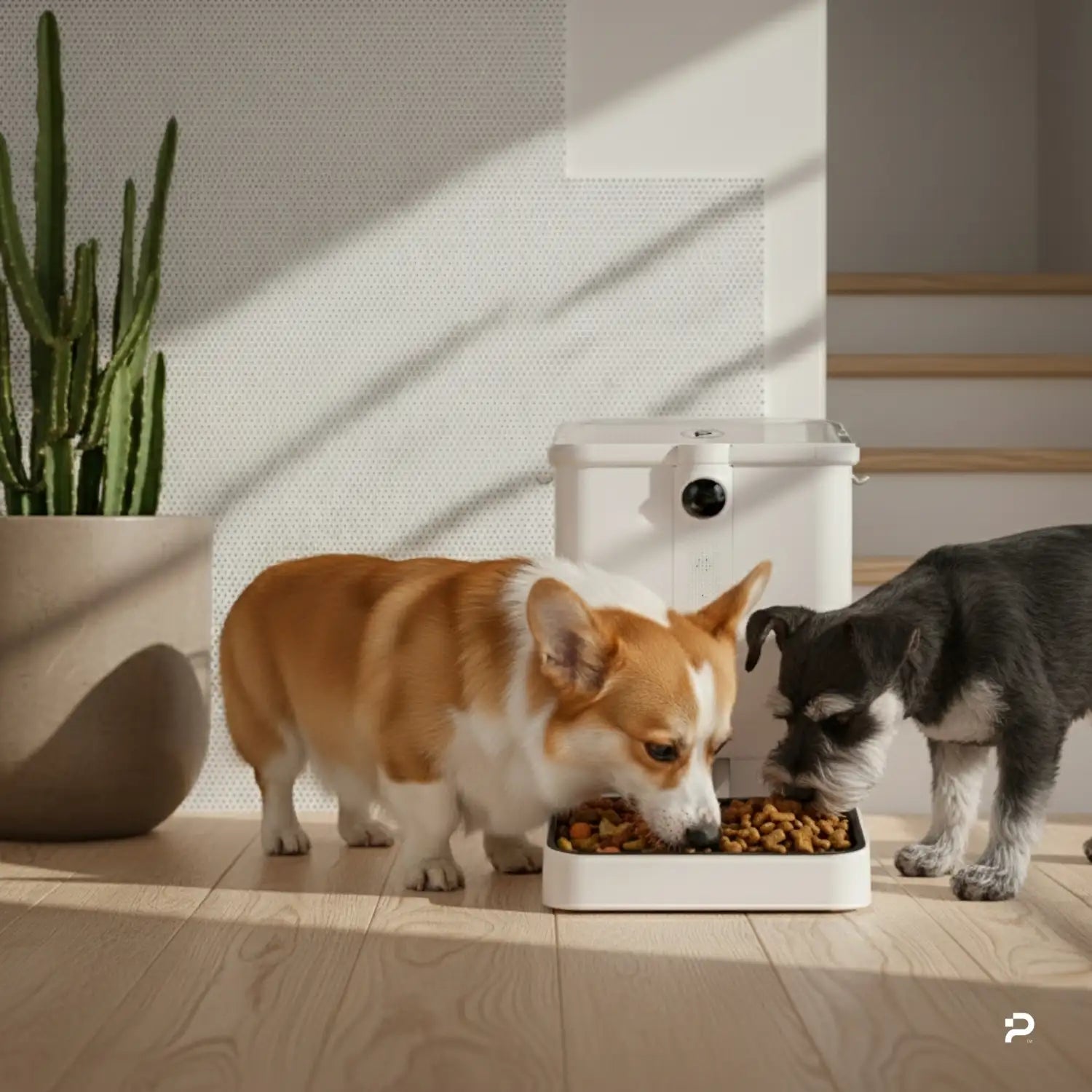 Two dogs, a corgi and a schnauzer, eat from a smart pet feeder on a wooden floor near a potted cactus and a staircase in a bright, modern room.
