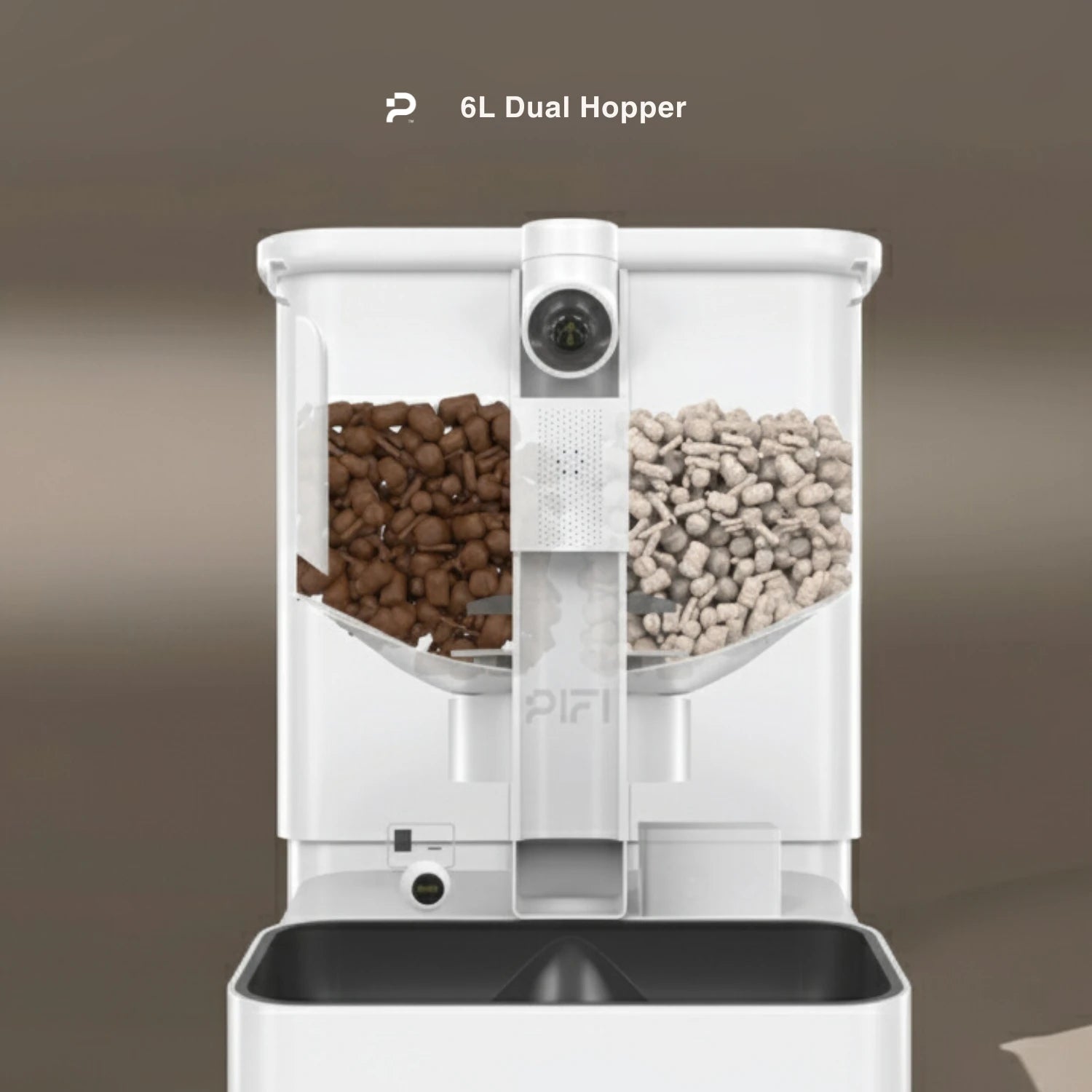 A white smart pet feeder with a transparent dual hopper, filled with brown and beige kibble. "6L Dual Hopper" is displayed above the feeder, making pet wellness easy on a neutral background.