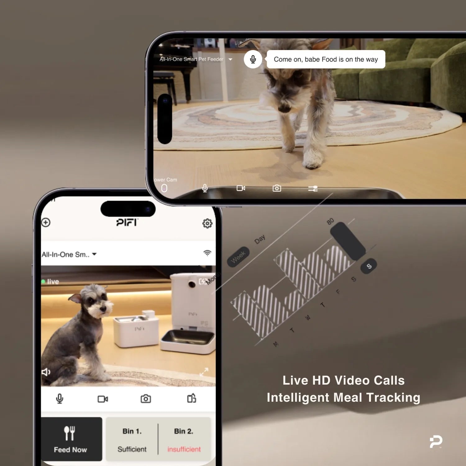 Two smartphones display a smart pet feeder app showing a small dog waiting near a feeding station, with features like live HD video calls, meal tracking, and remote feeding to support pet wellness and monitor food bins easily.