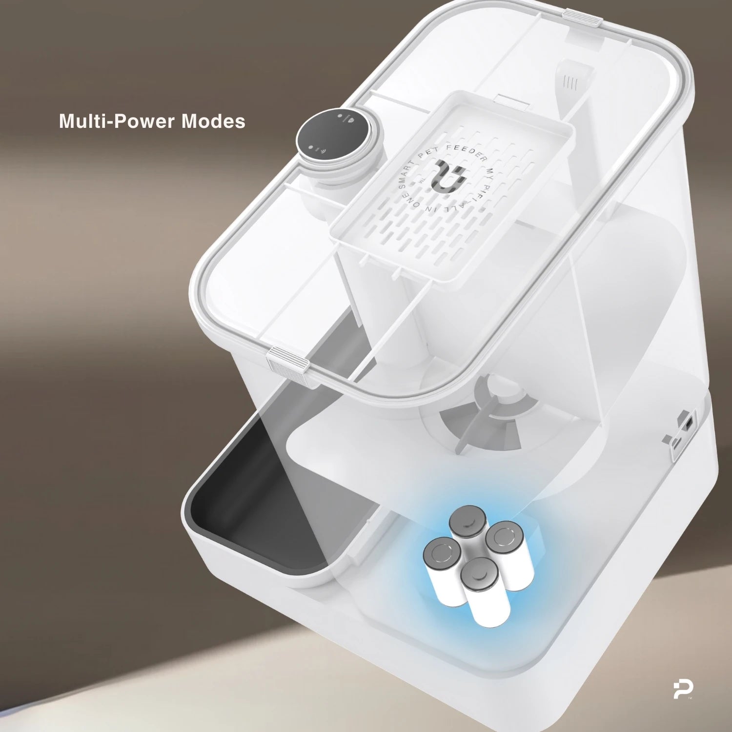 A transparent device with a digital display, a tray with utensils, and three cylindrical objects in a blue-lit section at the bottom a smart pet feeder showcasing advanced pet care technology for cleanliness and convenience.