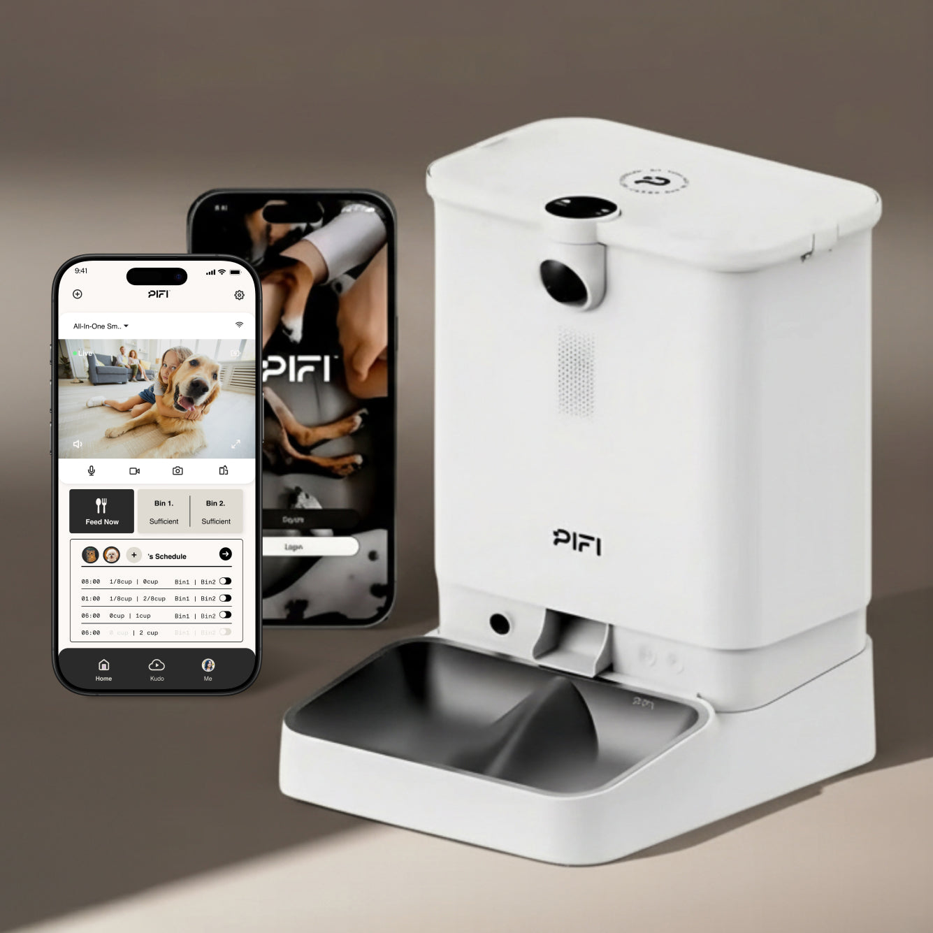 A white smart pet feeder labeled PIFI stands beside 2 smartphones displaying the PIFI app’s login screen, with a person’s hand petting a dog shown on the phone—highlighting innovative pet care products for convenient pet wellness.