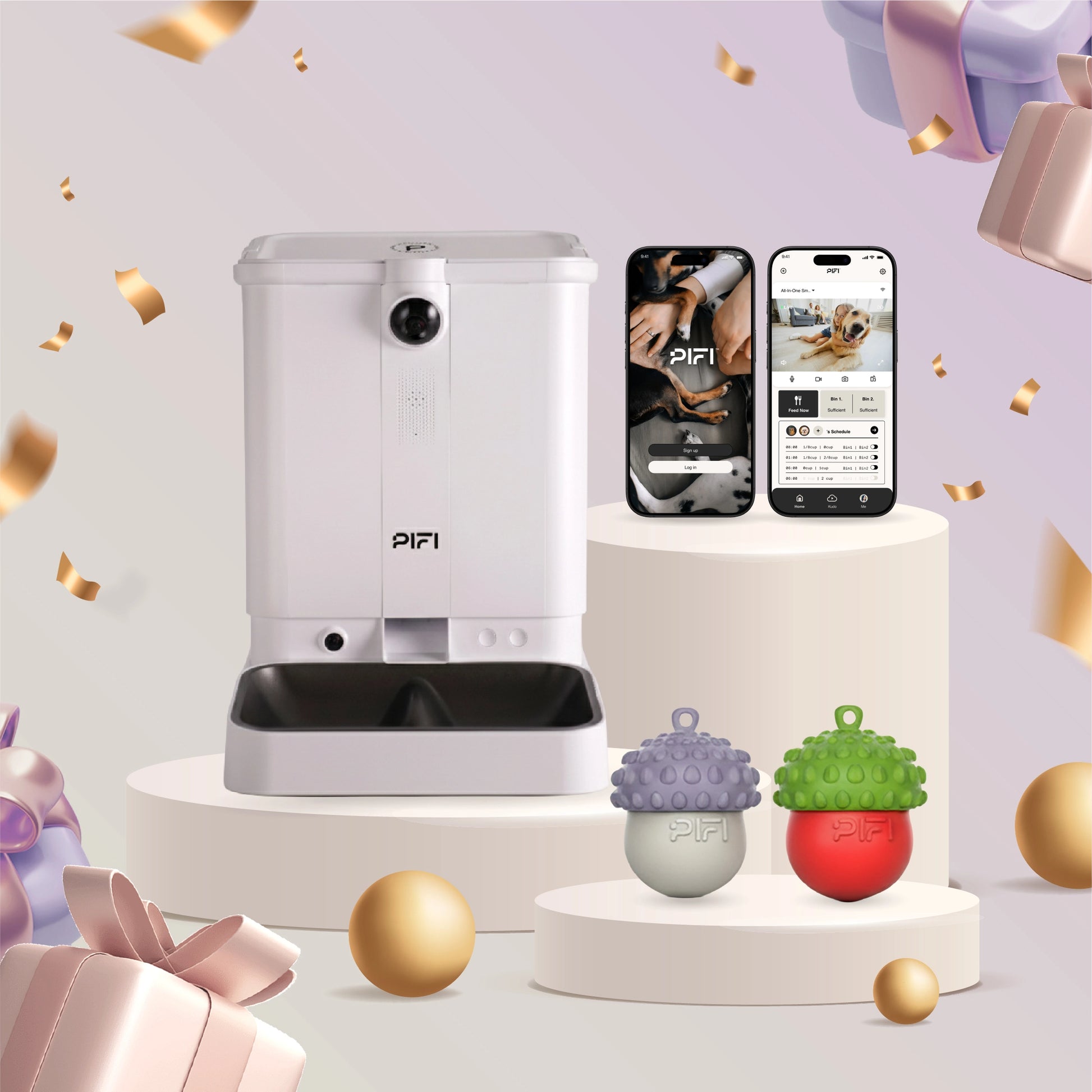 Holiday-themed display of the MyPiFi Smart Pet Feeder with smartphone app and three DentalFlex chew toys, surrounded by festive gifts and decorations.