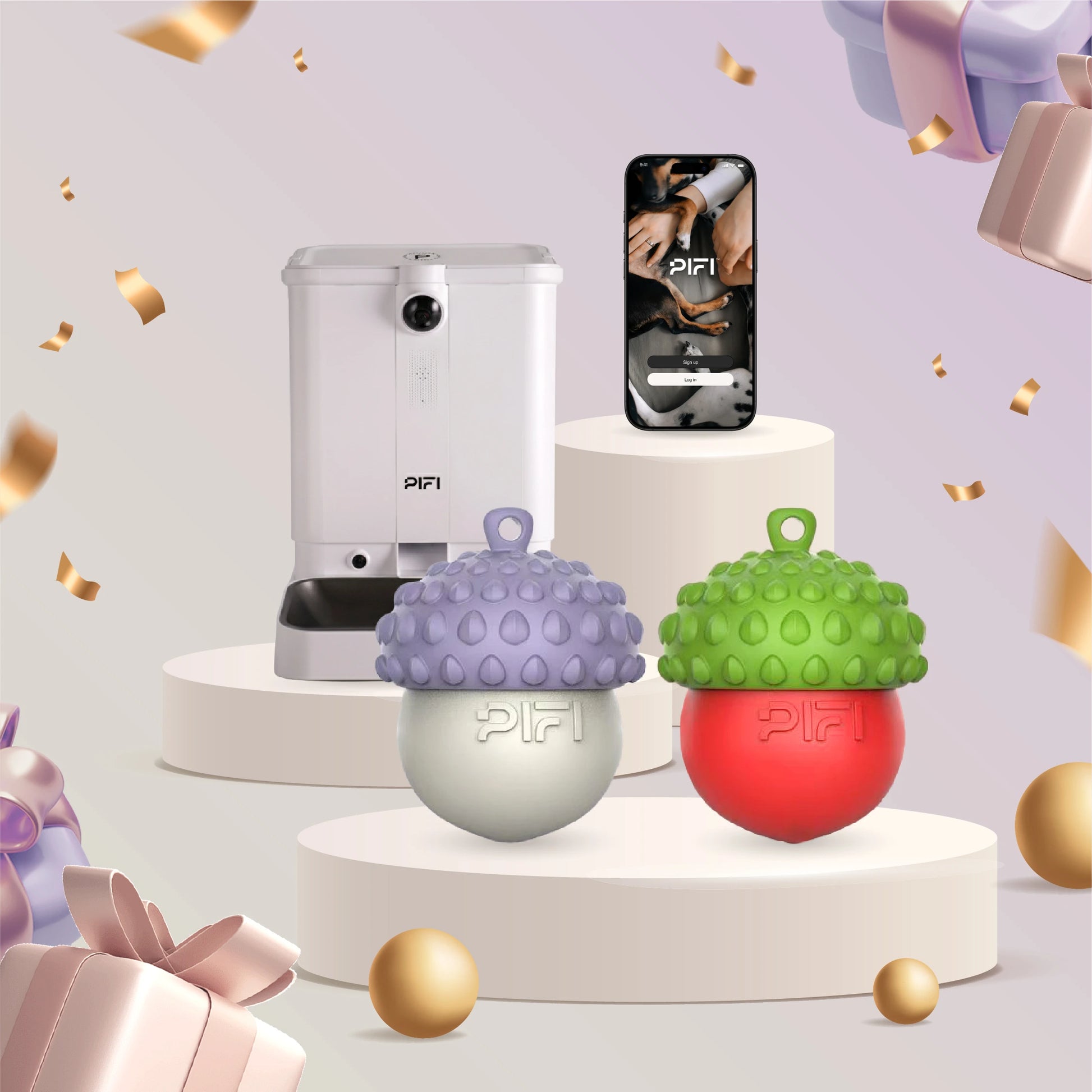 Holiday-themed display of the MyPiFi Smart Pet Feeder with smartphone app and two DentalFlex chew toys, surrounded by festive gifts and decorations.