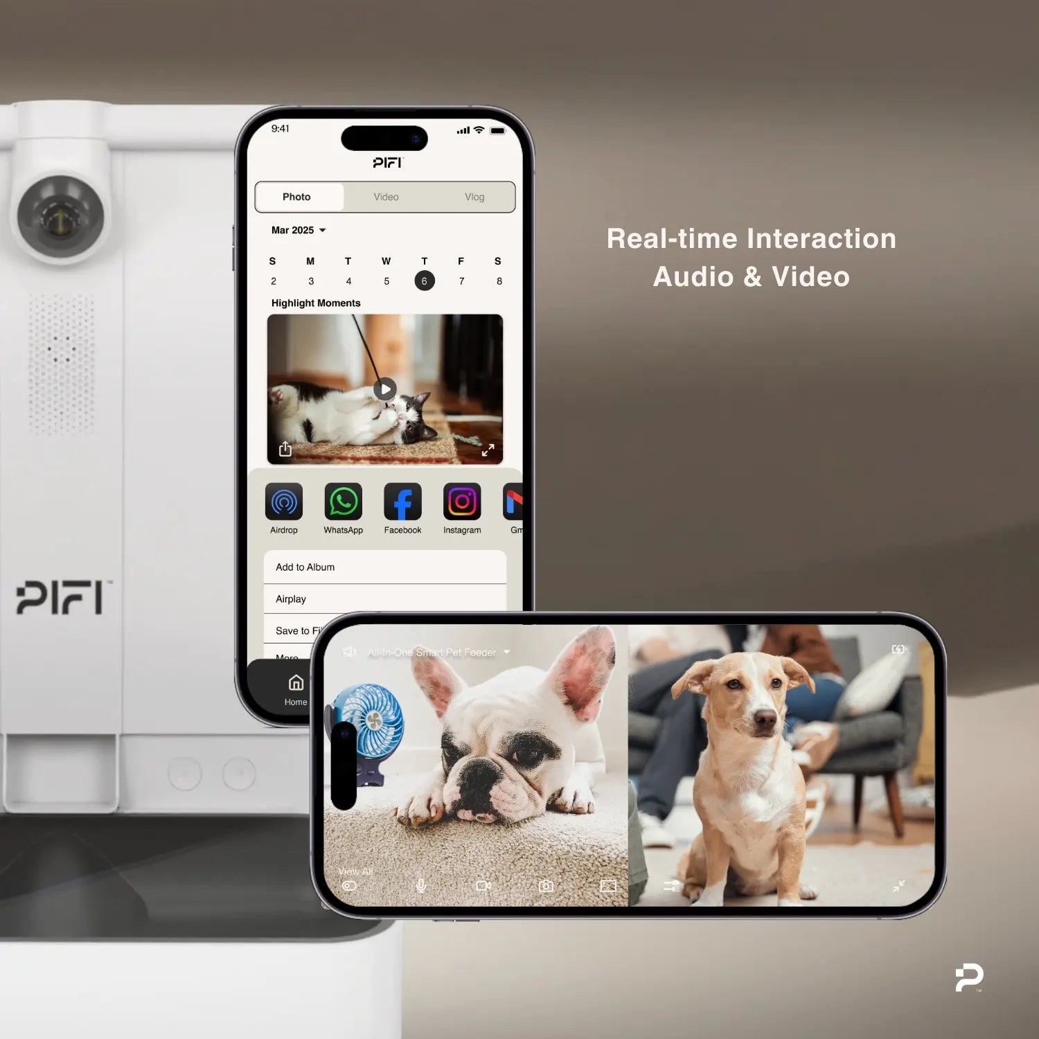 Two smartphones display video calls featuring dogs, with a PIFI pet camera and smart pet feeder to the left; text reads, Real-time Interaction Audio & Video for enhanced pet wellness.
