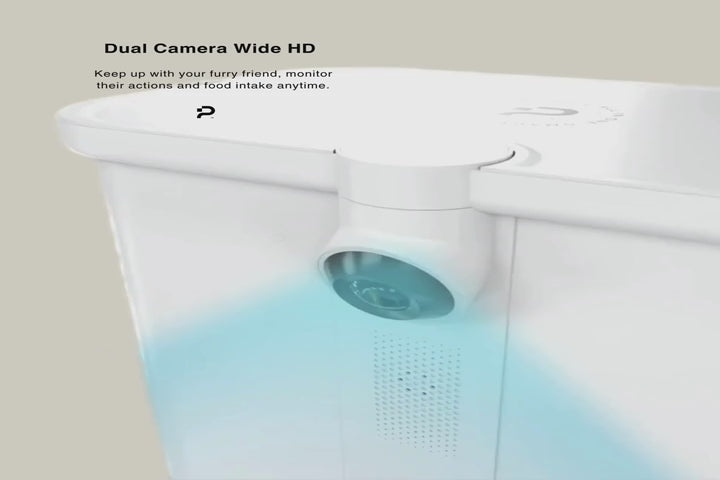 Automatic smart pet feeder with dual HD wide-angle camera for monitoring pets and tracking food intake.